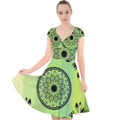 Green Grid Cute Flower Mandala Cap Sleeve Front Wrap Midi Dress