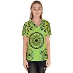 Green Grid Cute Flower Mandala Women s V-neck Scrub Top