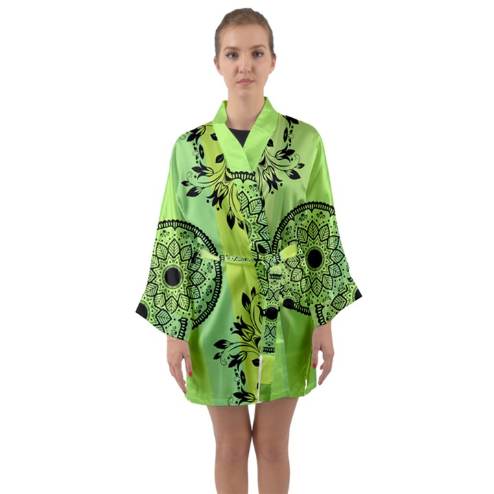 Green Grid Cute Flower Mandala Long Sleeve Satin Kimono