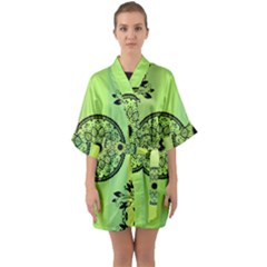 Green Grid Cute Flower Mandala Half Sleeve Satin Kimono  by Magicworlddreamarts1