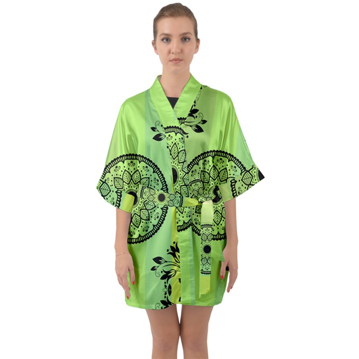 Green Grid Cute Flower Mandala Half Sleeve Satin Kimono 