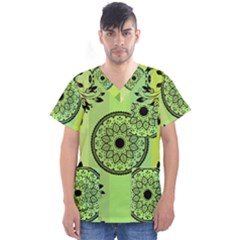 Green Grid Cute Flower Mandala Men s V-neck Scrub Top