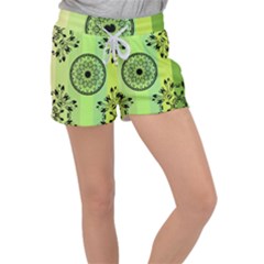 Green Grid Cute Flower Mandala Velour Lounge Shorts by Magicworlddreamarts1