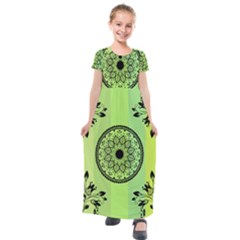 Green Grid Cute Flower Mandala Kids  Short Sleeve Maxi Dress