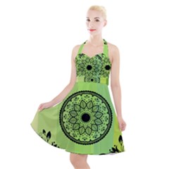 Green Grid Cute Flower Mandala Halter Party Swing Dress 