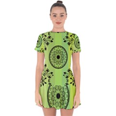 Green Grid Cute Flower Mandala Drop Hem Mini Chiffon Dress