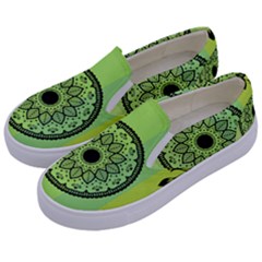 Green Grid Cute Flower Mandala Kids  Canvas Slip Ons