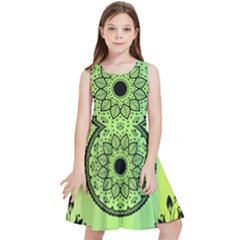 Green Grid Cute Flower Mandala Kids  Skater Dress