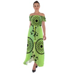 Green Grid Cute Flower Mandala Off Shoulder Open Front Chiffon Dress