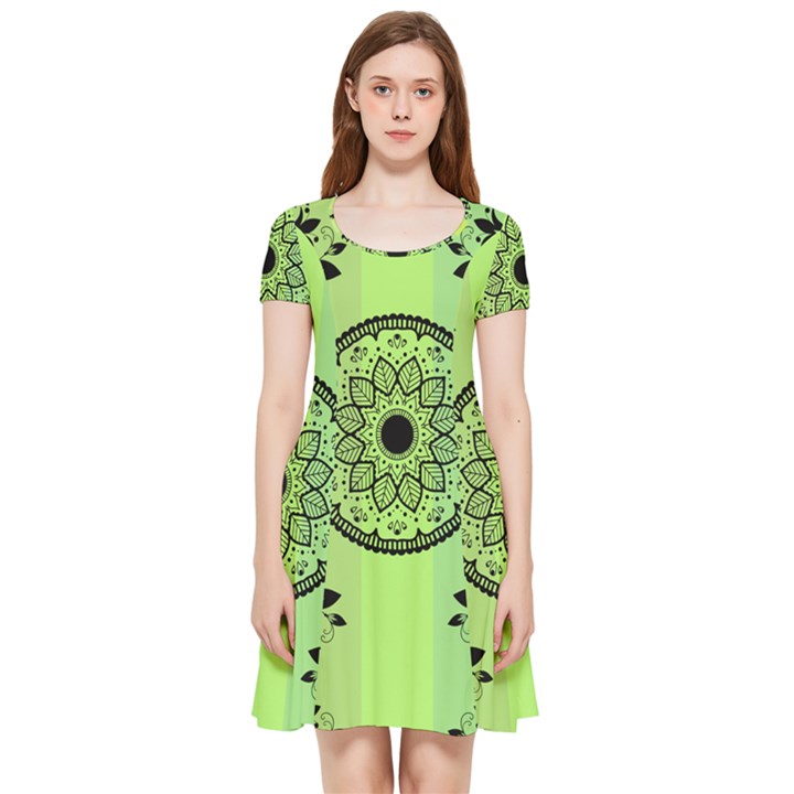 Green Grid Cute Flower Mandala Inside Out Cap Sleeve Dress