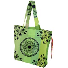 Green Grid Cute Flower Mandala Drawstring Tote Bag