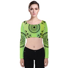 Green Grid Cute Flower Mandala Velvet Long Sleeve Crop Top by Magicworlddreamarts1