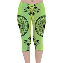 Green Grid Cute Flower Mandala Velvet Capri Leggings 