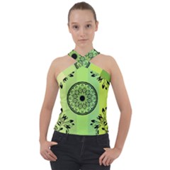 Green Grid Cute Flower Mandala Cross Neck Velour Top by Magicworlddreamarts1