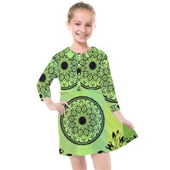 Green Grid Cute Flower Mandala Kids  Quarter Sleeve Shirt Dress by Magicworlddreamarts1