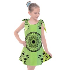 Green Grid Cute Flower Mandala Kids  Tie Up Tunic Dress