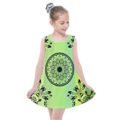 Green Grid Cute Flower Mandala Kids  Summer Dress by Magicworlddreamarts1