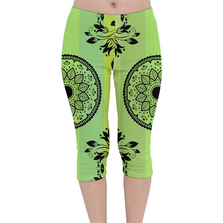 Green Grid Cute Flower Mandala Velvet Capri Leggings 