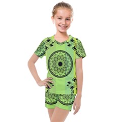 Green Grid Cute Flower Mandala Kids  Mesh Tee and Shorts Set