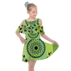 Green Grid Cute Flower Mandala Kids  Shoulder Cutout Chiffon Dress