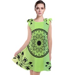 Green Grid Cute Flower Mandala Tie Up Tunic Dress