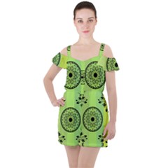 Green Grid Cute Flower Mandala Ruffle Cut Out Chiffon Playsuit by Magicworlddreamarts1