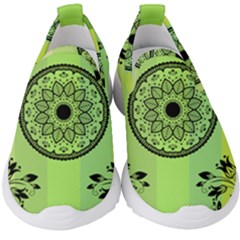 Green Grid Cute Flower Mandala Kids  Slip On Sneakers by Magicworlddreamarts1