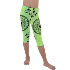 Green Grid Cute Flower Mandala Kids  Lightweight Velour Capri Leggings 