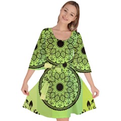 Green Grid Cute Flower Mandala Velour Kimono Dress