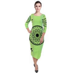 Green Grid Cute Flower Mandala Quarter Sleeve Midi Velour Bodycon Dress by Magicworlddreamarts1