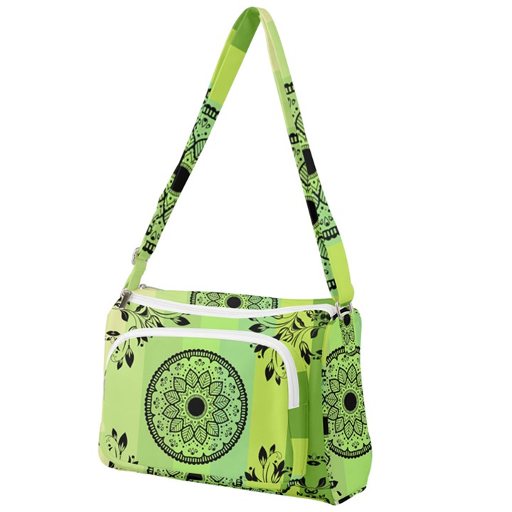 Green Grid Cute Flower Mandala Front Pocket Crossbody Bag