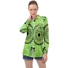 Green Grid Cute Flower Mandala Long Sleeve Satin Shirt