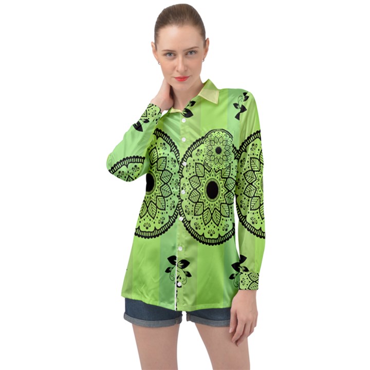 Green Grid Cute Flower Mandala Long Sleeve Satin Shirt