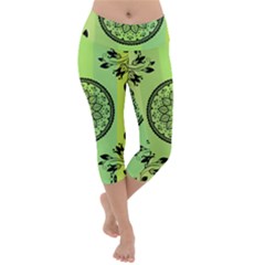 Green Grid Cute Flower Mandala Lightweight Velour Capri Yoga Leggings by Magicworlddreamarts1