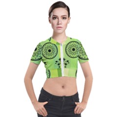 Green Grid Cute Flower Mandala Short Sleeve Cropped Jacket