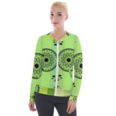 Green Grid Cute Flower Mandala Velvet Zip Up Jacket by Magicworlddreamarts1