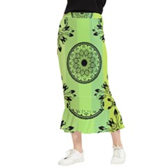 Green Grid Cute Flower Mandala Maxi Fishtail Chiffon Skirt