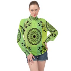 Green Grid Cute Flower Mandala High Neck Long Sleeve Chiffon Top by Magicworlddreamarts1