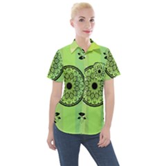 Green Grid Cute Flower Mandala Women s Short Sleeve Pocket Shirt