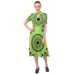 Green Grid Cute Flower Mandala Keyhole Neckline Chiffon Dress