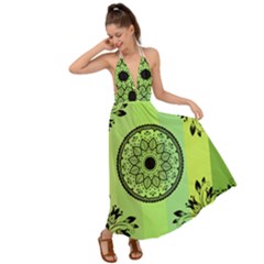 Green Grid Cute Flower Mandala Backless Maxi Beach Dress