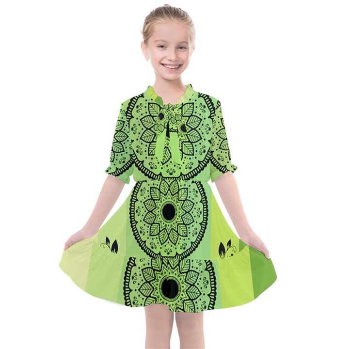 Green Grid Cute Flower Mandala Kids  All Frills Chiffon Dress