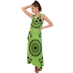 Green Grid Cute Flower Mandala V-neck Chiffon Maxi Dress