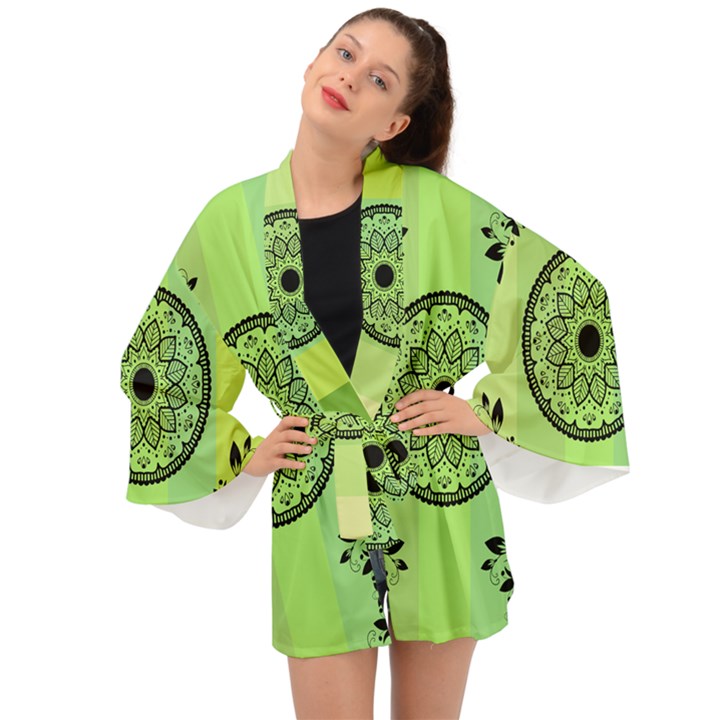 Green Grid Cute Flower Mandala Long Sleeve Kimono