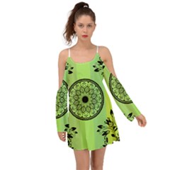 Green Grid Cute Flower Mandala Kimono Sleeves Boho Dress by Magicworlddreamarts1