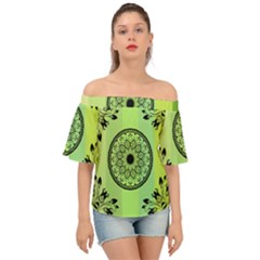 Green Grid Cute Flower Mandala Off Shoulder Short Sleeve Top