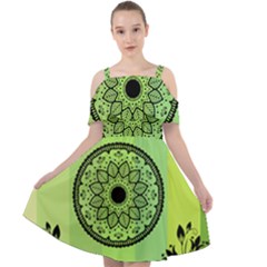 Green Grid Cute Flower Mandala Cut Out Shoulders Chiffon Dress