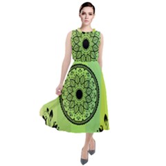 Green Grid Cute Flower Mandala Round Neck Boho Dress