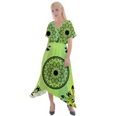 Green Grid Cute Flower Mandala Cross Front Sharkbite Hem Maxi Dress