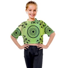 Green Grid Cute Flower Mandala Kids Mock Neck Tee